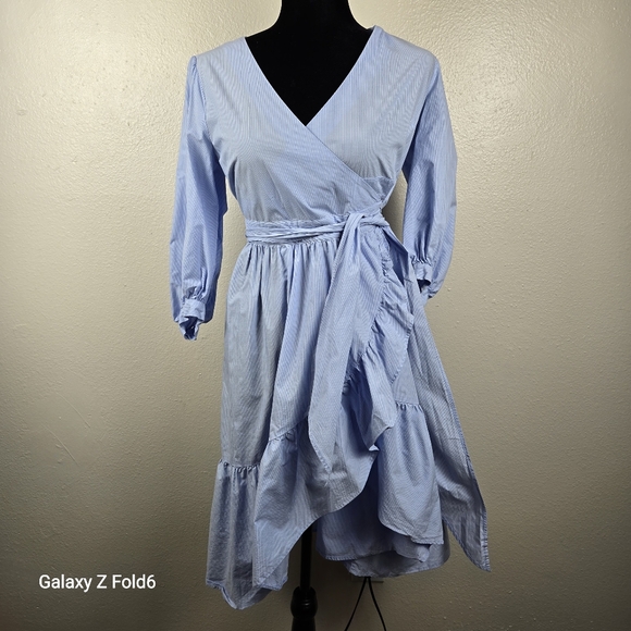 LOFT Petites Blue Striped Wrap Ruffle Midi Dress 100% Cotton Size 0P - Picture 1 of 8